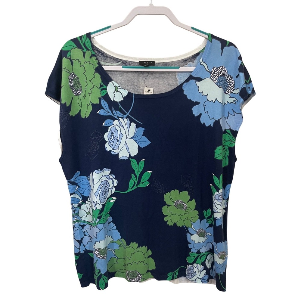 Talbots Womens Size 2X Floral Knit Sweater Top Cap Sleeve Navy Blue Green